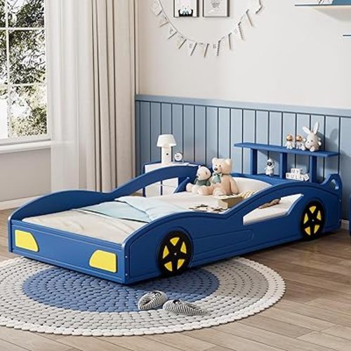 Twin Size Race Car Bed for Boys,Cool Car Bed Frame with Storage Shelves,Car Shaped Kids Bed Twin Size with Wheels for Kids,Girls,Blue