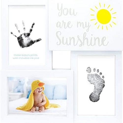 tiny ideas Baby Prints Collage Keepsake Frame with Included Ink Pad, Newborn Handprint and Footprint Maker, Baby Picture Frame, Nursery Decor, You are My Sunshine - Silver Frame - One Size