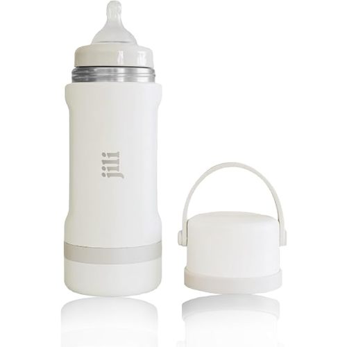 Jili All-in-One Baby Bottle, Insulated Stainless Steel Bottle with Formula Container, Anti-Colic Nipple, and Leak-Proof Lid, Baby Essentials for Travel, BPA and Phthalates-Free, Almond, 11 oz.