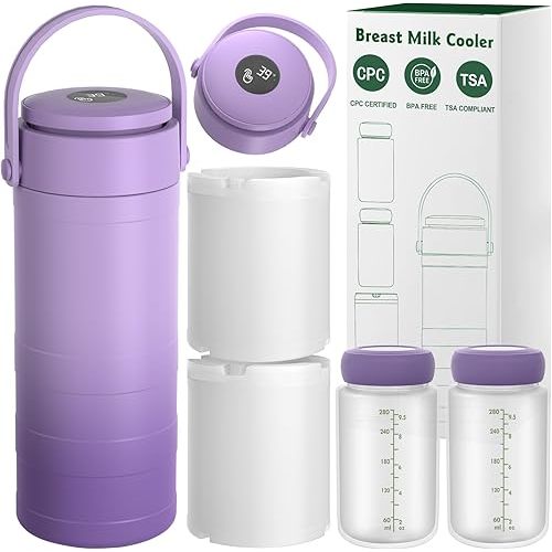 Portable Breast Milk Cooler with Touch Temperature Display, Milk Chiller with 2x9.5oz BPA-Free Bottles, 360° Cooling for 24 Hours & TSA Approved, Travel Breastmilk Storage for Work, Outdoor Moms