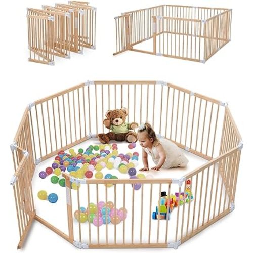 Kidirect Wooden Playpen Foldable, Baby Gate Playpen Pre-Assemble, Extra Large Play Pen for Babies and Toddlers, Foldable Play Pen with Adjustable Shape Indoor Outdoor, Baby Fence Activity Center