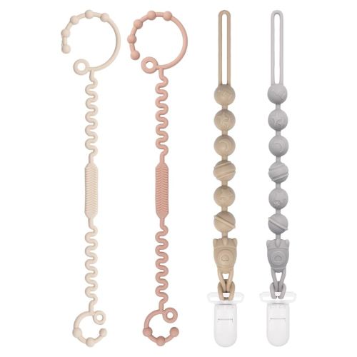 Babygoal Silicone Pacifier Clips 4 Pack,2pcs Pacifier Holder Clip with 2pcs Toy Strap Chain for Baby Boy Girl Fits All Pacifier,Binky,Teething Toys,Highchairs,Car Seat,Strollers-Neutral Color
