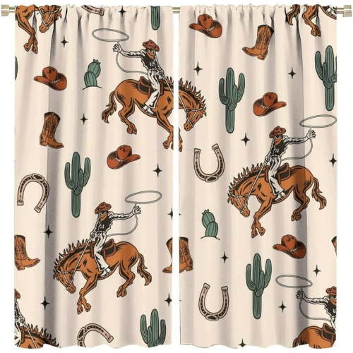 Western Blackout Curtains,Wild Cowboy Desert Cactus Boot and Hat Pattern Art Curtains for Bedroom Living Room-52"W x 54"L (Pack of 2)