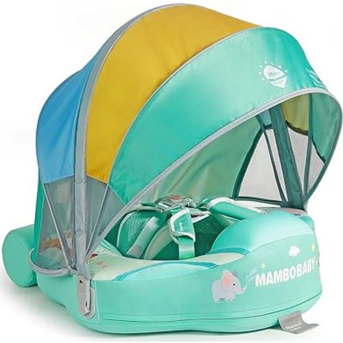 Mambobaby Float Non Inflatable Smart Swim Trainer Newest Size Improved Add Tail Never Flip Over UPF 50+ Sun Canopy Baby Swim Float Mambo Baby Float Solid Swimming Ring Infant Pool Float (AC)