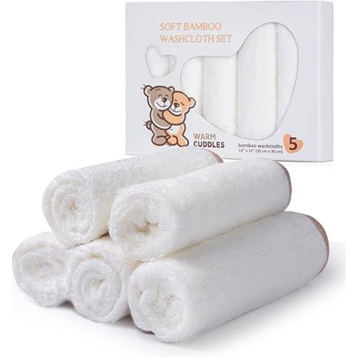 Soft Baby Washcloths Set - Absorbent Natural Baby Wash Cloth for Delicate Skin - 12"x12" Large Baby Bath Washcloths - Newborn Bath Face Towel (White)