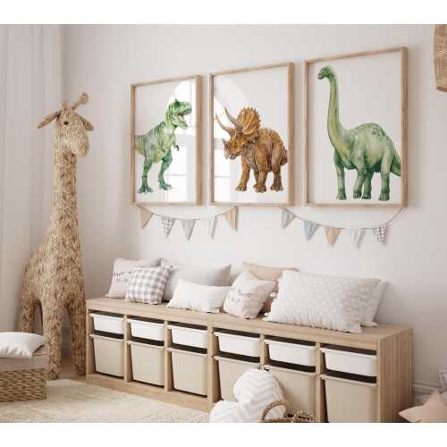 Set of 3 Dinosaur Prints Wall Art Nursery Watercolor T-Rex Playroom Kids Triceratops Brontosaurus Nursery Decor PRINTABLE Boy Room Posters