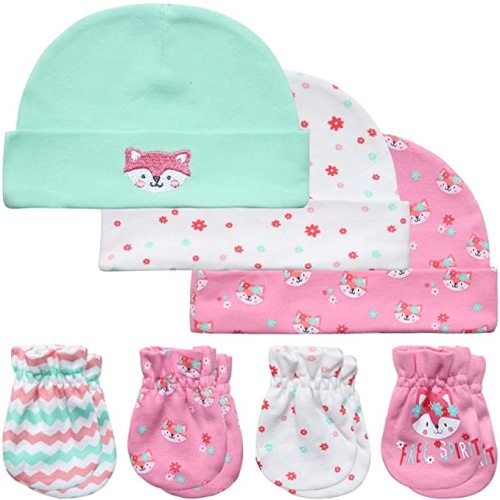 Baby Mittens and Caps Set Infant gloves and no scratch mittens Newborn Gift 7 Piece Set For Baby Boys & Girls, 0-6 Months - Cute-fox