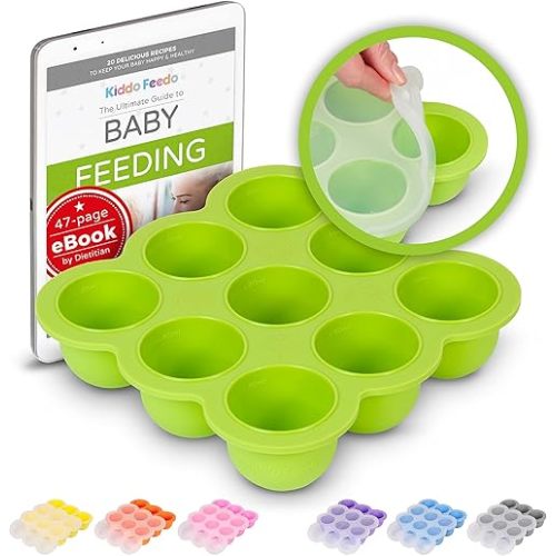 Kiddo Feedo Baby Food Freezer Tray with Silicone Clip-On Lid - Free E-Book by Award-Winning Author/Dietitian - Green