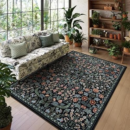 Lahome Floral 5x7 Rug for Living Room, Soft Washable Area Rugs for Bedroom, Botanical Thin Stain-Resistant Black Boho Carpet for Dining Room, Guestroom, Nursery Indoor
