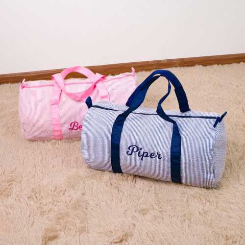 Personalized Seersucker Kid Duffle Bag: Embroidered Travel Bag