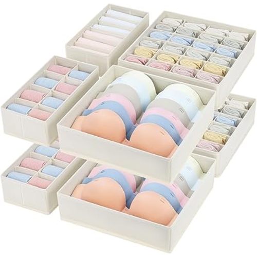 Foldable Underwear and Sock Organizer - Divider Fabric Dresser Drawer Organizer for Socks, Bra, Underwear, Tie, 8 Pack, Beige