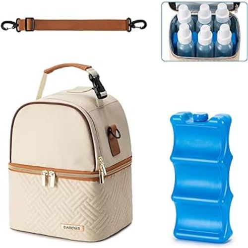 Breastmilk Cooler Bag with Ice Pack Fits 6 Baby Bottles up to 9 Ounce, Breast Milk Pump Cooler Bag with Shoulder Strap for Nursing Mom Daycare, Work, Travel- Cream