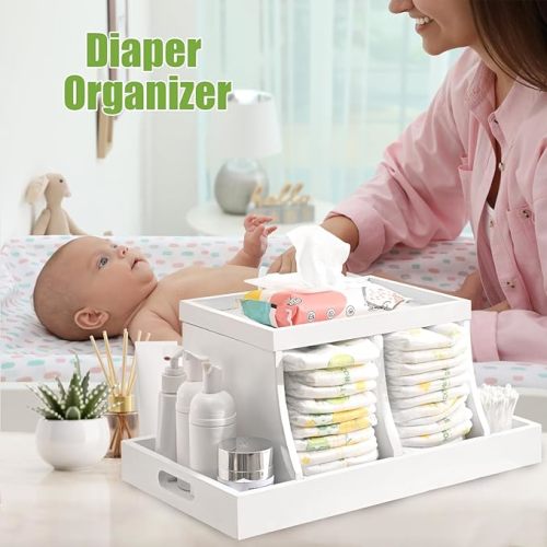 Diaper Caddy Organizer, Changing Table Organizer, Wooden Diaper Organizer for Nursery, Baby Diaper Storage Organizer with Removable Dividers (White, Rectangular Size)