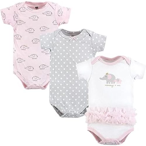 Hudson Baby Unisex Baby Cotton Bodysuits, Pink Gray Elephant, 3-6 Months