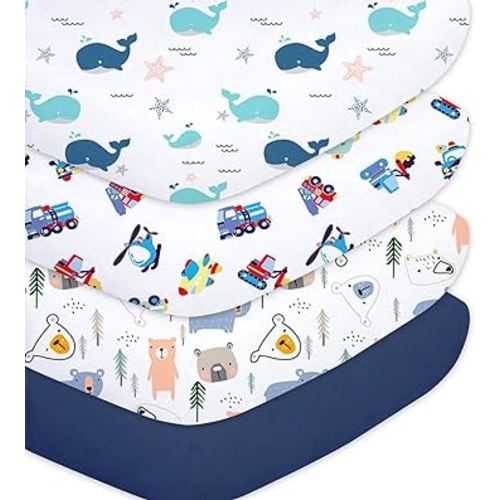 Plushii 4 Pack Fitted Crib Sheets for Baby Boys, 28"x 52" Extra Soft Microfiber Crib Sheet Set for Standard Crib & Toddler Mattress Pad, Whale & Toy & Little Bear & Navy Blue