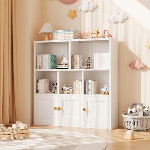 2-in-1 Kids Bookshelf and Kids Storage Organizer-Open Bookshelf with 3 Doors and Corner Guard,Bookcase Toy Organizer and Storage for Nursery, Playroom, Bedroom and Classroom(White)