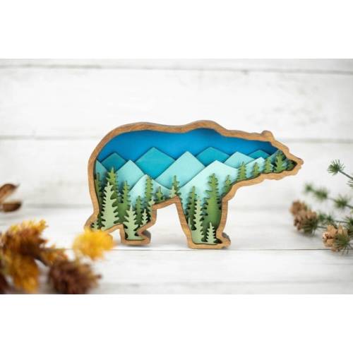 Layered Bear Art With Mountains and Trees, Size Small