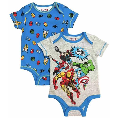 Marvel Avengers Super Hero Themed Infant Bodysuit 2-Pack Blue Grey Tee-Shirts Newborn Size