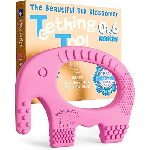 Cute Valentines Day Baby Gift - Baby Elefun Teething Toys for Babies Age 0 to 6 Months - 5X Pain Relief Smart Teether, Zero Developmental Delay Pink Silicone Teething Toy for Infants and Baby Shower