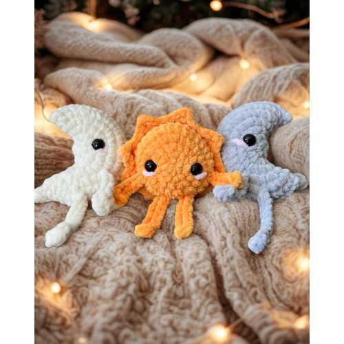 Celestial Crochet Pals – Sun, Moon & Star Plushies | Handmade Amigurumi Gifts | Palm-Sized Plush Decor