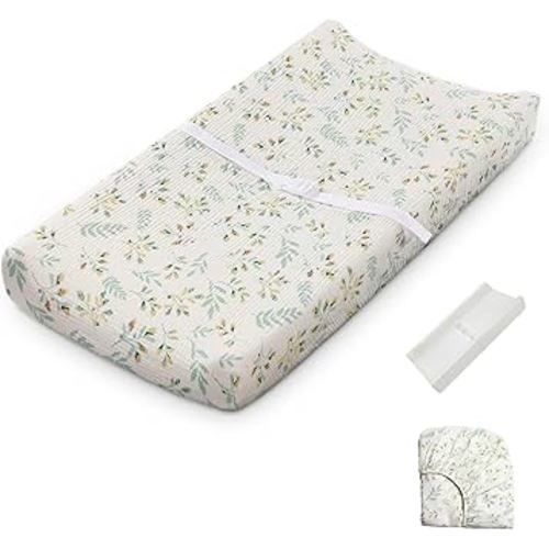 Blissful Diary Muslin Baby Changing Pad with Waterproof Lining Foam, Diaper Changing Table Pad with Cover for Dressers (Botanical Leaf, Rectangular)
