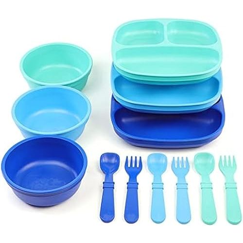 Re-Play 3x3 Divided Toddler Plates and Utensils Set - Toddler Forks and Spoons Set - Dishwasher and Microwave Safe - Made in USA - True Blue