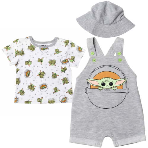 Star Wars The Child Infant Baby Boys Short Overalls Graphic T-Shirt and Hat 3 Piece Outfit Set Light Gray 12 Months