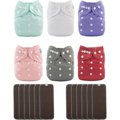 ALVABABY Baby Cloth Diapers/6 Pack with 12 pcs 5-Layer Charcoal Inserts/Adjustable Washable Reusable 6BM100-ZTN