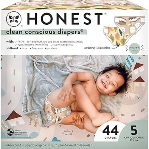 The Honest Company Clean Conscious Diapers | Plant-Based, Sustainable | Fall '24 Limited Edition Prints | Club Box, Size 5 (27+ lbs), 44 Count
