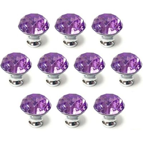 10 Pcs 30mm Silver Plated Base Diamond Shape Crystal Glass Cabinet Knob Drawer Knob Pull Handle Used for Kitchen, Dresser, Door, Cupboard (Purple)