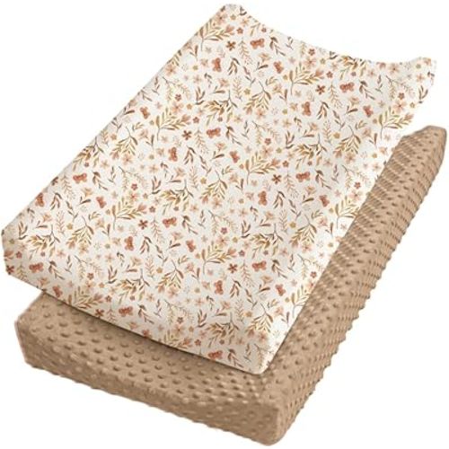 Konssy Minky Changing Pad Cover 2 Pack,Soft Minky Dots Plush Diaper Changing Table Cover Set, Breathable Changing Pad Sheets for Baby Girls Boys (Autumn Bloom,Brown)