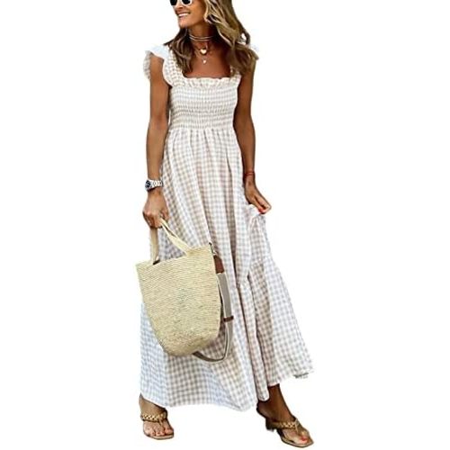 chouyatou Women's Retro Plaid Smocked Dress Spaghetti Strap Flounce Long Dress