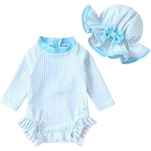 Infant Baby Girl Swimsuit One-Piece Long Sleeve Rash Guard with Hat Set Floral Zipper Bathing Suit Leopard Beach Wear