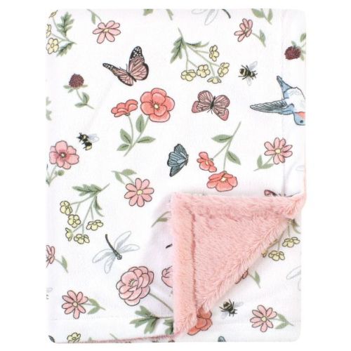 Hudson Baby Infant Girl Plush Blanket with Furry Binding and Back, Hummingbird Garden, One Size