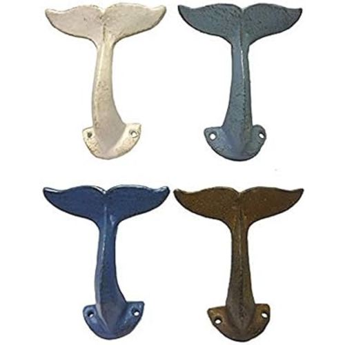 Birsppy Set of Four Nautical Whale Tail Wall Hooks - Distressed Finishes