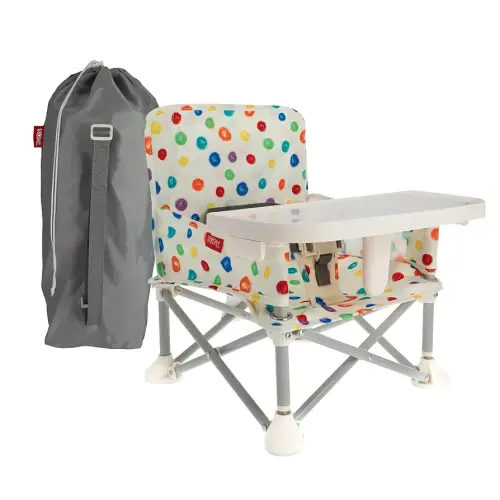 Nuby Pop-Up Booster Seat with Removable Tray - 6+ Months - Portable Booster Seat for Floor Indoor/Outdoor Use - 3-Point Safety Adjustable Straps - Summer Travel Essentials - Multicolor Circles