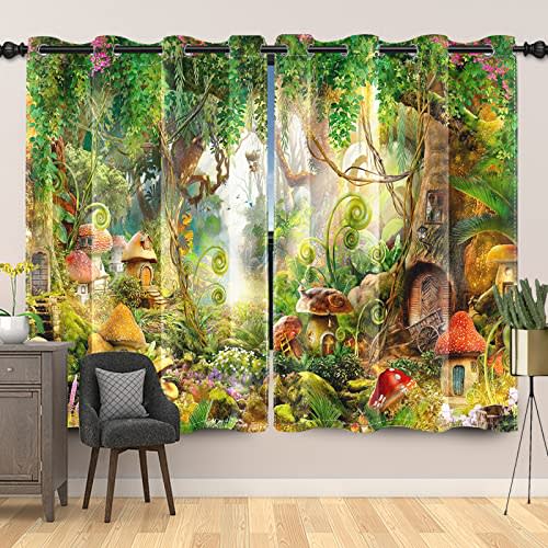 Laeacco Enchanted Forest Blackout Curtains Fairytale Mushroom Wonderland Curtain Drapes Green Trees Vines Plants Window Curtains for Kids Boy Girl Bedroom Home Living Dining Room 52x84 Inch, 2 Panels