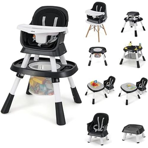 INFANS 9 in 1 High Chair, Convertible Baby Highchair for Babies and Toddlers, Table and Chair Set Building Block Infant Dining Booster Seat, Kids Stool with Activity Children Play Kitchen (Black)
