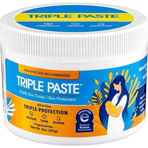 Triple Paste Diaper Rash Cream for Baby - 8 Oz Tub – Zinc Oxide Ointment Treats, Soothes & Prevents Diaper Rash, Pediatrician-Recommended Hypoallergenic Formula, Baby Essentials for Daily & Overnight