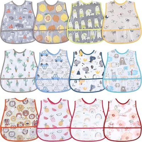 Jeyiour 12 Pcs Baby Waterproof Bibs with Food Catcher Adjustable Snaps Plastic Feeding Bibs for Toddlers, 6 to 36 Months