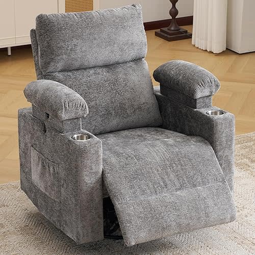 Rhevoy Rocking Chair Nursery with Adjustable Armrests, Electric Glider Recliner Nursing Chair, Power Swivel Recliner Chairs with Massage and Heat, Adjustable Headrest, Dark Grey