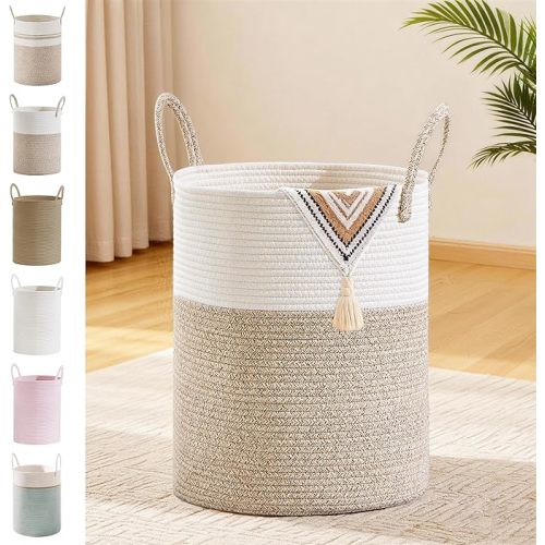 Tall Laundry Basket with Handles, 53L Portable Dirty Clothes Hamper, Boho Cotton Rope Storage Bin for Blankets Kids Toys Gifts, Decorative Organizer for Baby Nursery Bedroom Bathroom, White