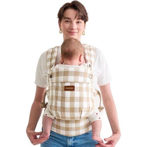 Momcozy Baby Carrier with Natural Cotton Linen, Built to Last, Ergonomic Design, Lightweight and Comfortable, Hands-Free for Moms&Dads, Brown Checkerboard