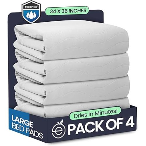 Epicessentials Incontinence Bed Pads Washable Waterproof - 34" x 36" Reusable Underpads Chucks Holds Up to 6 Cups - 500 GSM Heavy Absorbency Pee Pads for Adults, Dogs and Kids - Pack of 4 - White/Blue