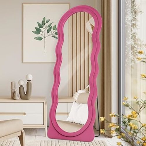 Full Length Mirror 63"x24" Arched Wavy Full Body Wall Mounted Floor Mirror with Stand Hot Pink Flannel Frame Leaning Hanging Wall Mirror for Bedroom Entrance