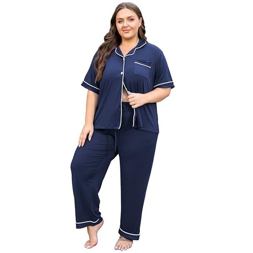 Vozanet Women's Plus Size Pajamas Button Down Shirt and Pants Soft Lounge Sets Bride Nighty Bottom with Pockets 1x to 5x