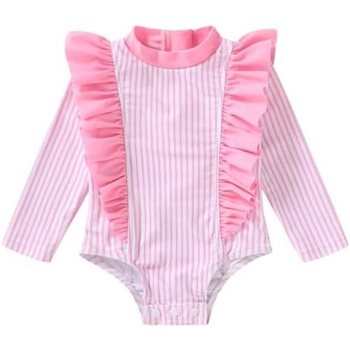 YOUNGER TREE Baby Swimsuit Girl Long Sleeve Ruffle Zipper Rash Guard Infant One Piece Swimwear Toddler Bathing Suit Girl