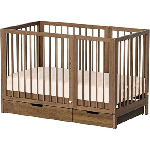 JOYMOR 8-in-1 Convertible Crib with Drawer, Include 2" Mattress, Convert from Mini Crib, Mid Crib to Full Crib, 8 Height Adjustable, Undercrib Storage Drawers (Honey Wood)