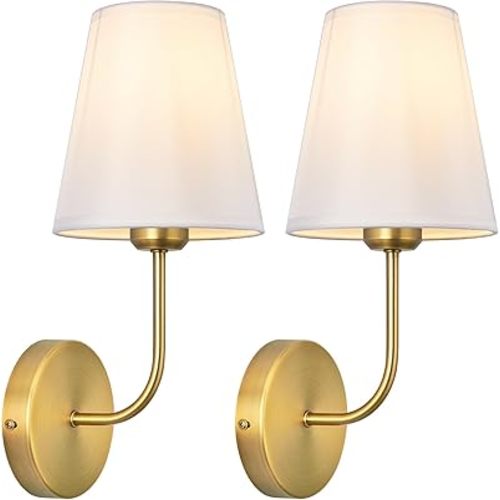 Modern Hardwired Wall Sconces Set of 2 , Antique Brass Gold Finish with White Fabric Shades, Bedroom Lighting, Living Room, Farmhouse, Fireplace, Hallway, Bedside Lamp,bathroom Hardwired Wall Lights