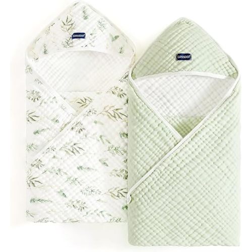 GRSSDER Ultra Soft Absorbent Muslin Cotton Baby Hooded Towel 2 Pack with Original Patterns, Extra Large Size 35"x 35" Swaddle Wrap for Newborn Infant and Toddler